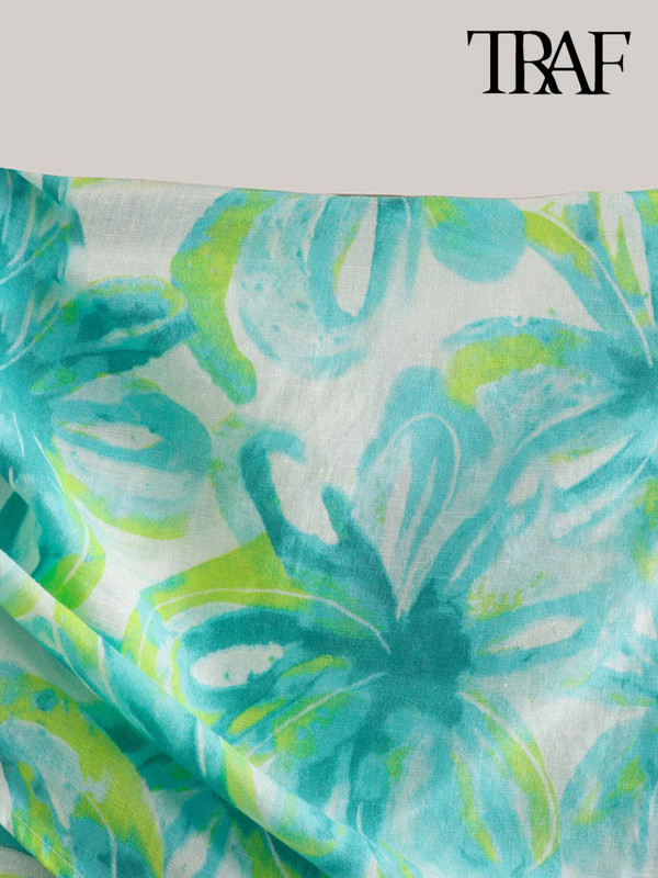 TRAF Női Divat Csokorkötős Nyomtatott Könnyű Miniszoknya Vintage Magas derekú oldalsó cipzáras Női szoknyák Mujer