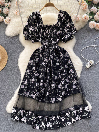 2023. gada jauna puķaina vasaras kleita sievietēm brīvdienu brīvdienu kleitas bez melnām īsām piedurknēm, slaidas franču stila sieviešu kleitas