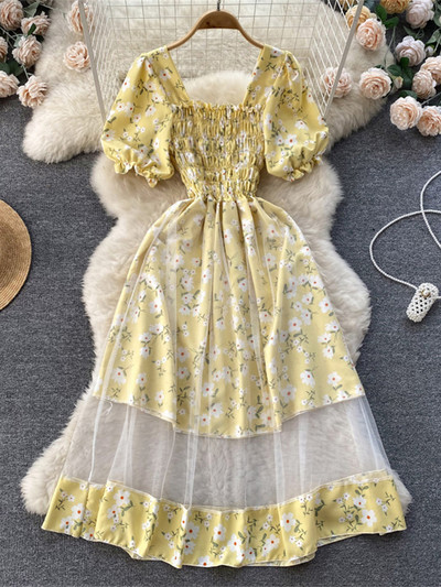 2023. gada jauna puķaina vasaras kleita sievietēm brīvdienu brīvdienu kleitas bez melnām īsām piedurknēm, slaidas franču stila sieviešu kleitas