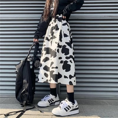Cows Print Mid Calf φούστες Γυναικεία ρούχα δρόμου Harajuku Vintage Σχέδιο Loose Fit All-match High Waist College Hipster Αισθητικό Νέο