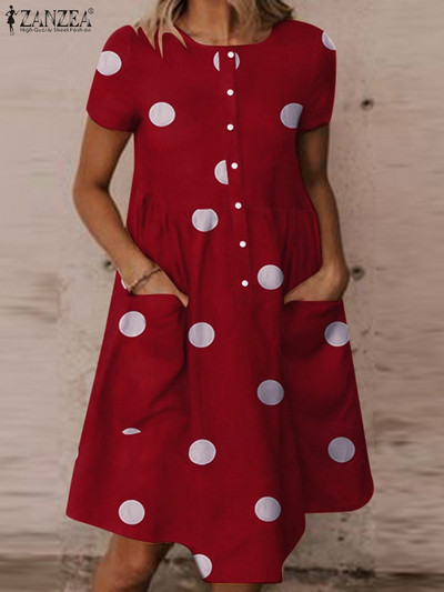 ZANZEA Bohemijos laisvalaikio elegantiškas laisvas vakarėlis paplūdimyje Moteriškas vasarinis taškuotas suknelė su trumpomis rankovėmis O iškirpte Kaftan Vestido