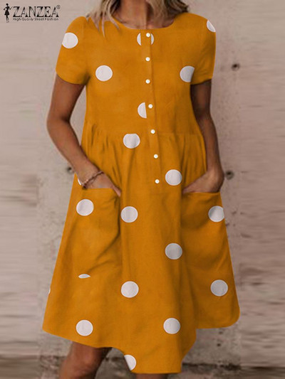 ZANZEA Bohemijos laisvalaikio elegantiškas laisvas vakarėlis paplūdimyje Moteriškas vasarinis taškuotas suknelė su trumpomis rankovėmis O iškirpte Kaftan Vestido