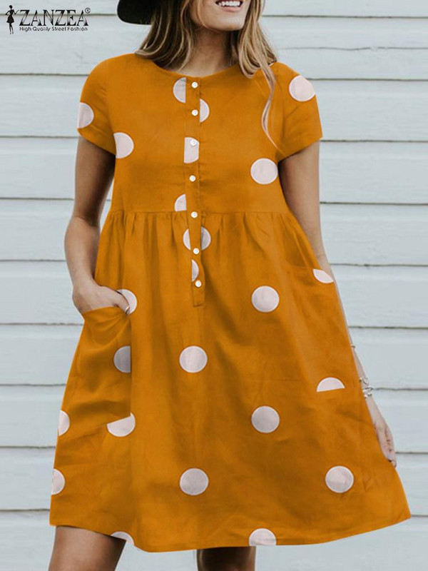 ZANZEA Bohēmijas gadījuma Eleganta, brīva ballītes pludmales sauļošanās kleita Sieviešu vasaras kleita ar punktveida apdruku ar īsām piedurknēm ar O kakla izgriezumu Kaftan Vestido