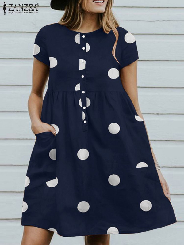 ZANZEA Bohēmijas gadījuma Eleganta, brīva ballītes pludmales sauļošanās kleita Sieviešu vasaras kleita ar punktveida apdruku ar īsām piedurknēm ar O kakla izgriezumu Kaftan Vestido