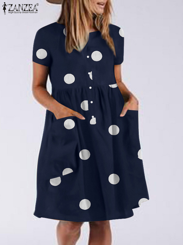 ZANZEA Bohēmijas gadījuma Eleganta, brīva ballītes pludmales sauļošanās kleita Sieviešu vasaras kleita ar punktveida apdruku ar īsām piedurknēm ar O kakla izgriezumu Kaftan Vestido