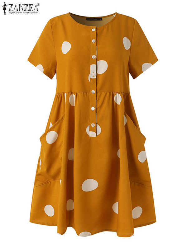 ZANZEA Bohēmijas gadījuma Eleganta, brīva ballītes pludmales sauļošanās kleita Sieviešu vasaras kleita ar punktveida apdruku ar īsām piedurknēm ar O kakla izgriezumu Kaftan Vestido