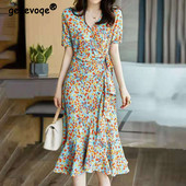 Κομψό μοδάτο φλοράλ στάμπα Φόρεμα ζωνών Καλοκαίρι 2022 Νέο κοντό μανίκι V-λαιμόκοψη Φαρδύ πουλόβερ Φόρεμα μίντι Γυναικεία Ρούχα