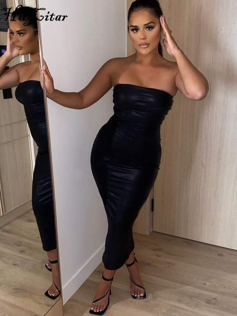Hugcitar Pu bőr pánt nélküli cső ujjatlan Bodycon vékony szexi maxi ruha 2021 ősz tél női karácsonyi Halloween party Y2K