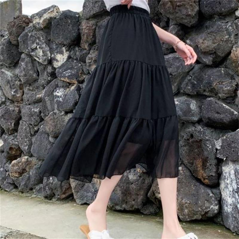 Tavasz, nyár sifon szoknyák női vintage magas derekú rugalmas patchwork fehér fekete elegáns hosszú A-vonalú szoknya diákoknak