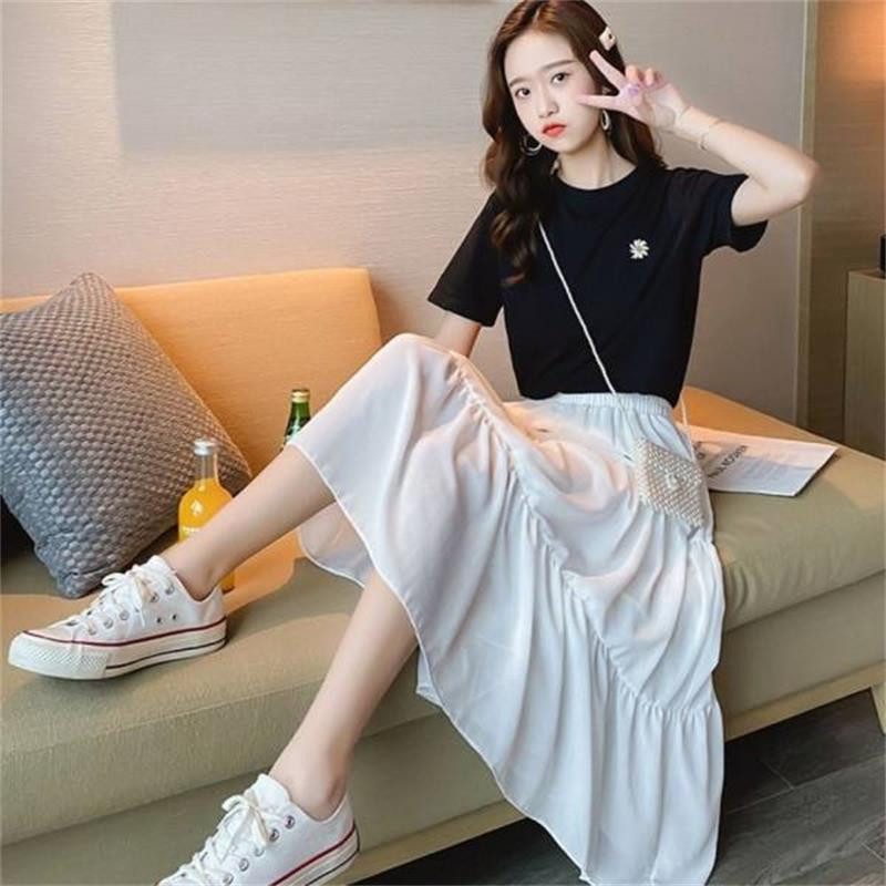 Tavasz, nyár sifon szoknyák női vintage magas derekú rugalmas patchwork fehér fekete elegáns hosszú A-vonalú szoknya diákoknak