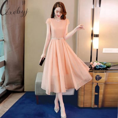 Naiste suvine O-kaelusega A-joon kleit Uus tänavarõivas, vintage lühikeste varrukatega Midi kleit, suur Lihtne pühadeaegne elegantne kleidivöö