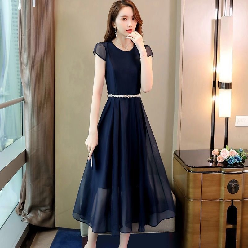 Naiste suvine O-kaelusega A-joon kleit Uus tänavarõivas, vintage lühikeste varrukatega Midi kleit, suur Lihtne pühadeaegne elegantne kleidivöö