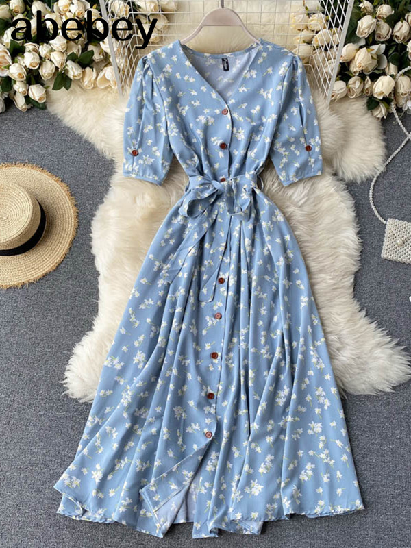 Francia édes, virágos ruha női V nyakú, puffos ujjú, egysoros öves ruha nyári bohém mintás A vonalú midi ruha