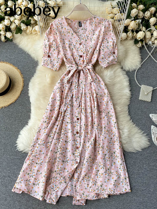 Francia édes, virágos ruha női V nyakú, puffos ujjú, egysoros öves ruha nyári bohém mintás A vonalú midi ruha