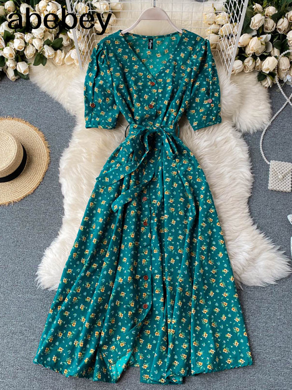 Francia édes, virágos ruha női V nyakú, puffos ujjú, egysoros öves ruha nyári bohém mintás A vonalú midi ruha