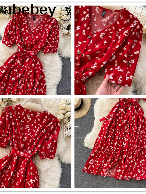 Francia édes, virágos ruha női V nyakú, puffos ujjú, egysoros öves ruha nyári bohém mintás A vonalú midi ruha