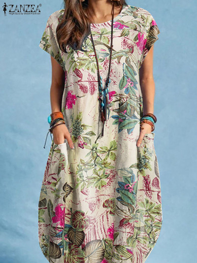 ZANZEA O formos kaklo trumpomis rankovėmis moteriška suknelė iki kelių vasarinė gėlėmis marginta saulės suknelė Bohemiškas Elegantiškas šventinis laisvalaikio chalatas Vestidos