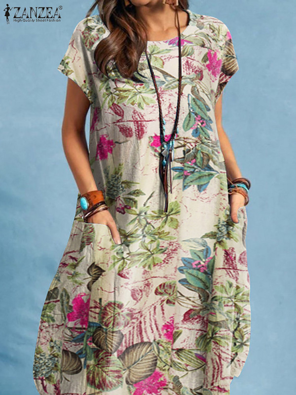 ZANZEA Дамска рокля с О-образно деколте и къс ръкав с дължина до коляното Лятна рокля с флорални щампи Бохемски елегантен празничен ежедневен халат Vestidos