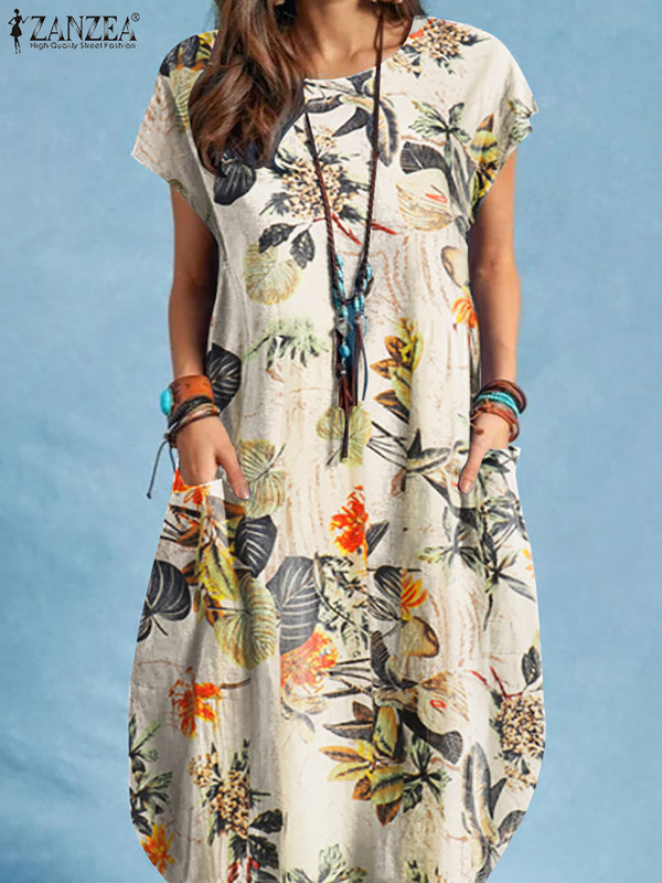 ZANZEA Дамска рокля с О-образно деколте и къс ръкав с дължина до коляното Лятна рокля с флорални щампи Бохемски елегантен празничен ежедневен халат Vestidos
