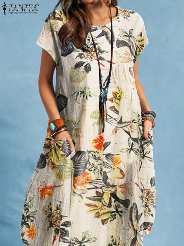ZANZEA Дамска рокля с О-образно деколте и къс ръкав с дължина до коляното Лятна рокля с флорални щампи Бохемски елегантен празничен ежедневен халат Vestidos