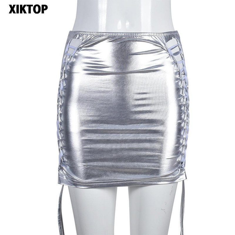 XIktop szexi mini szoknya nőknek Ice Silk Hot Silver Hot Silver Bojt oldalsó húzózsinór Vágott miniruha Nyári divatos utcai ruházat 2022