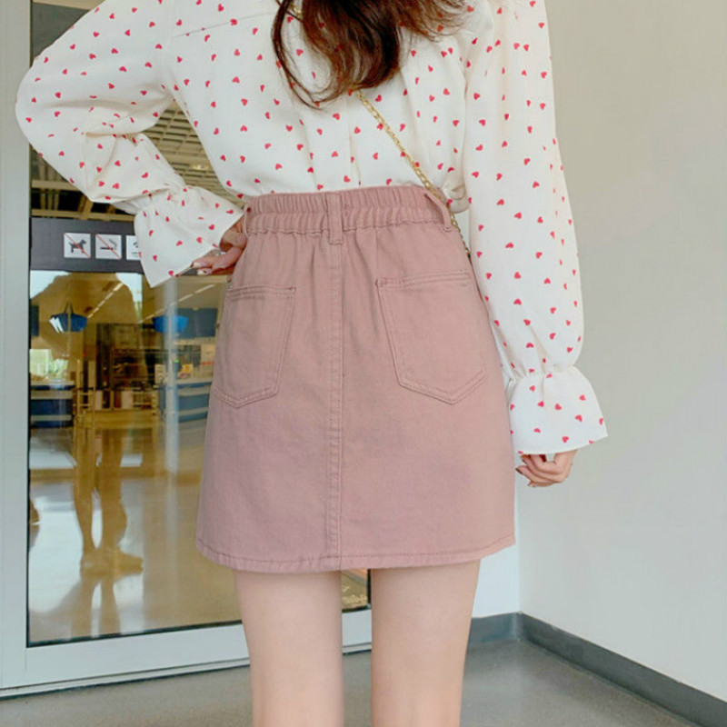 Szoknyák Női Tömör farmer Mini Magas Elasztikus Derék szoknya Egy vonalú Egyszerű Divatos Nyári Új Ulzzang Diákok Aranyos Rózsaszín Szabadidő