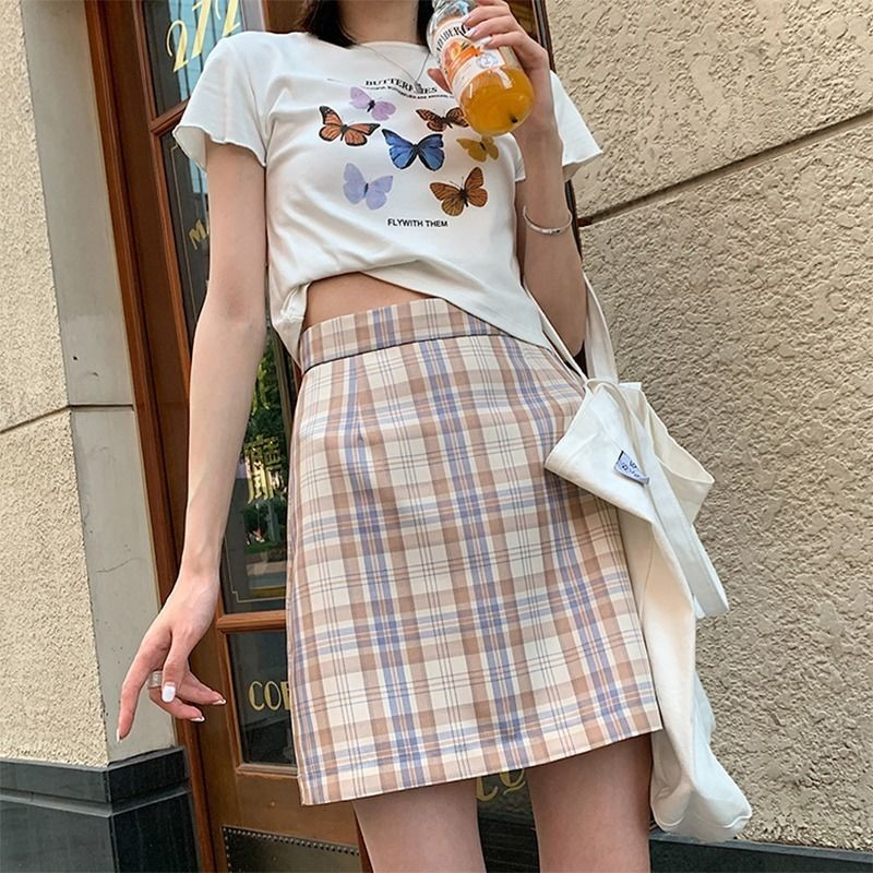 Női szoknyák Retro kockás, magas derekú miniszoknya Harajuku női 2020-as koreai stílusú, elegáns, egy vonalú női szoknyák, minden egyezés elegáns, szép új