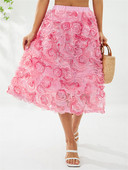 Moteriški 3D gėlių tiulio vidutinio dydžio sijonai elastiniu juosmeniu Princesės tinklinis A formos sijonas Vasarinis Bohemiškas Elegantiškas seksualus laisvalaikio gatvės apranga