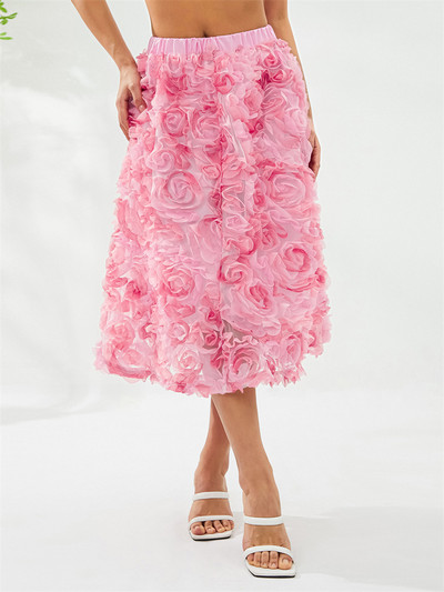 Moteriški 3D gėlių tiulio vidutinio dydžio sijonai elastiniu juosmeniu Princesės tinklinis A formos sijonas Vasarinis Bohemiškas Elegantiškas seksualus laisvalaikio gatvės apranga