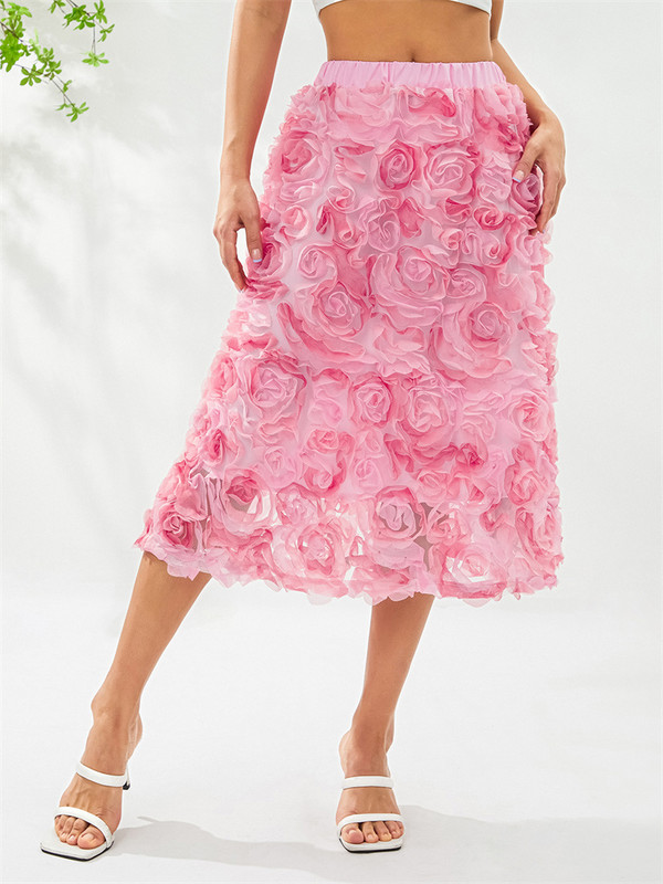 Moteriški 3D gėlių tiulio vidutinio dydžio sijonai elastiniu juosmeniu Princesės tinklinis A formos sijonas Vasarinis Bohemiškas Elegantiškas seksualus laisvalaikio gatvės apranga