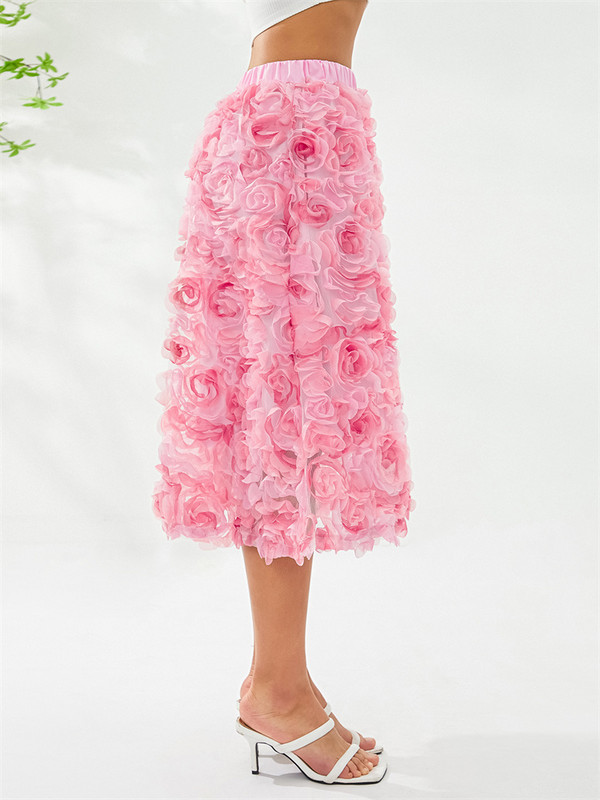 Moteriški 3D gėlių tiulio vidutinio dydžio sijonai elastiniu juosmeniu Princesės tinklinis A formos sijonas Vasarinis Bohemiškas Elegantiškas seksualus laisvalaikio gatvės apranga