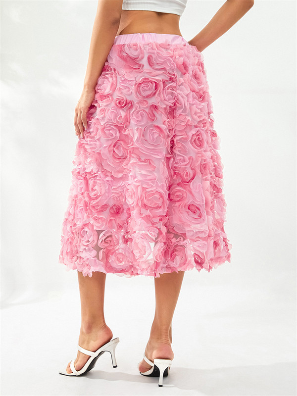 Moteriški 3D gėlių tiulio vidutinio dydžio sijonai elastiniu juosmeniu Princesės tinklinis A formos sijonas Vasarinis Bohemiškas Elegantiškas seksualus laisvalaikio gatvės apranga