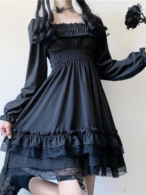 InsDoit Lolita Gothic, melna korsetes kleita sievietēm, vintage mežģīņu raibums, estētiska kleita ar augstu vidukli. Punk ballītes A līnijas kleita