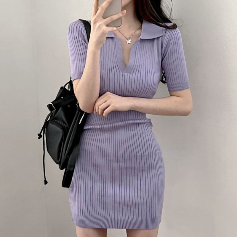 Suknelė trumpomis rankovėmis, moteriška, plona, mezganti moteriški drabužiai Vasariniai gatvės drabužiai, atostogos, laisvalaikio minkšta, miela, seksuali, pagrindinė „Ulzzang Vestidos“