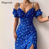 Seksuali, rauktinė, be petnešėlių, skeltinė vakarinė suknelė moteriška Elegantiška suknelė nuo pečių V kaklo ilga suknelė pavasario gėlėmis marginta plona suknelė 21764