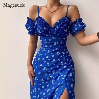 Rochie de petrecere fără bretele, cu șantier, cu volane, sexy, rochie lungă, cu umăr fără umeri, cu decolteu în V, rochie subțire cu imprimeu floral de primăvară 21764