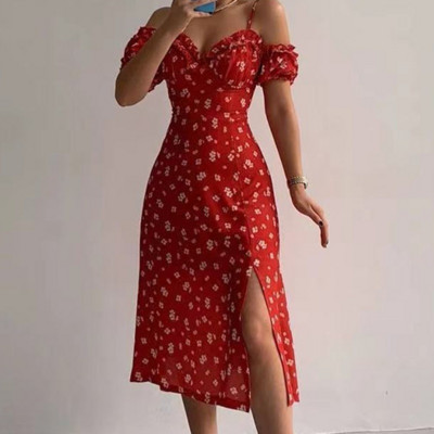 Seksuali, rauktinė, be petnešėlių, skeltinė vakarinė suknelė moteriška Elegantiška suknelė nuo pečių V kaklo ilga suknelė pavasario gėlėmis marginta plona suknelė 21764