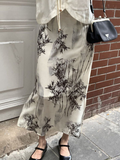 Dámske midi sukne v čínskom štýle, nové letné tenké, jednoduché, s potlačou atramentu, vintage, jemné, voľnočasové, elegantné, estetické, streetwear
