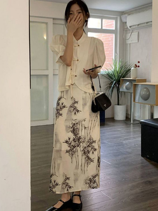 Dámske midi sukne v čínskom štýle, nové letné tenké, jednoduché, s potlačou atramentu, vintage, jemné, voľnočasové, elegantné, estetické, streetwear