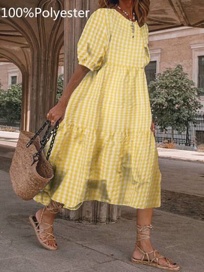 VONDA Ljetna boemska haljina, ženska 2023., ležerna vintage karirana košulja s printom, praznični ogrtač, široki plisirani midi vestidos