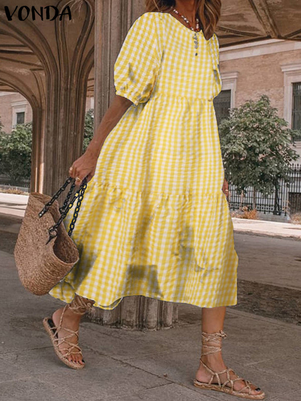VONDA Ljetna boemska haljina, ženska 2023., ležerna vintage karirana košulja s printom, praznični ogrtač, široki plisirani midi vestidos