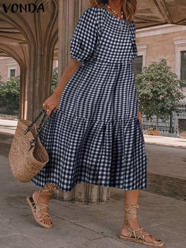 VONDA Ljetna boemska haljina, ženska 2023., ležerna vintage karirana košulja s printom, praznični ogrtač, široki plisirani midi vestidos