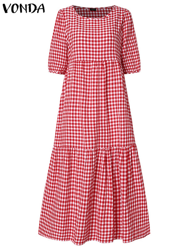 VONDA Ljetna boemska haljina, ženska 2023., ležerna vintage karirana košulja s printom, praznični ogrtač, široki plisirani midi vestidos