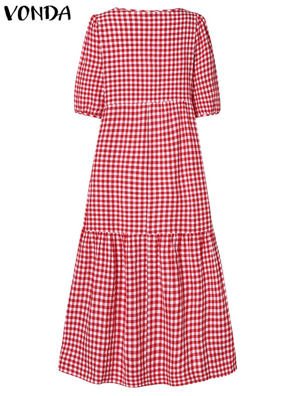VONDA Ljetna boemska haljina, ženska 2023., ležerna vintage karirana košulja s printom, praznični ogrtač, široki plisirani midi vestidos
