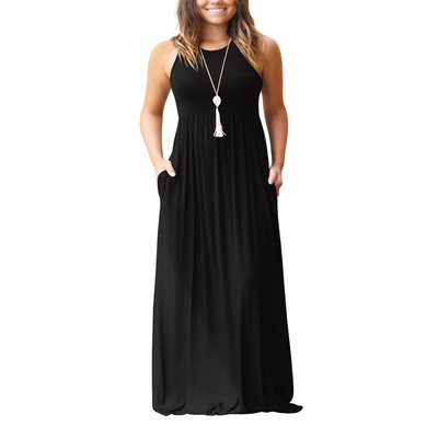 GULE GULE Női Summer Empire derék ujjatlan tömör maxi hosszú ruhák zsebekkel