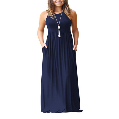 GULE GULE Női Summer Empire derék ujjatlan tömör maxi hosszú ruhák zsebekkel