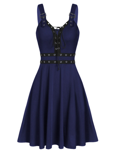 Női party ruha 3XL ujjatlan, hát nélküli A vonalú szexi punk ruha Rock fűzős ruha, hosszú tunika, női gótikus felső