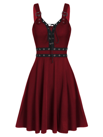 Női party ruha 3XL ujjatlan, hát nélküli A vonalú szexi punk ruha Rock fűzős ruha, hosszú tunika, női gótikus felső