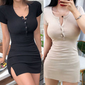 Femei vară cu mâneci scurte, tricot cu nervuri, tricot, bodycon, rochie mini bluză, linie A, sexy, nasturi, tricouri talie imperiu, îmbrăcăminte de club