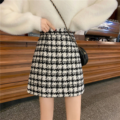 Sieviešu rūtaini svārki ar augstu vidukli Vintage vilnas svārki korejiešu rudens ziemai maigi OL, tievi, universāli mini svārki Mori-girl Streetwear